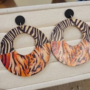 Thin Wooden Animal Print Circle Earrings